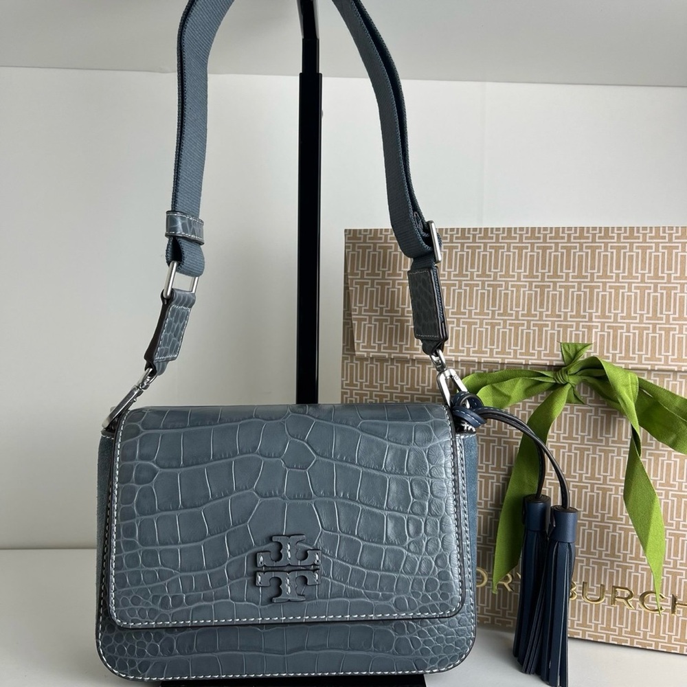 NWT Tory Burch Thea Croc Embossed Web Flap Bag - Picture 4 of 13